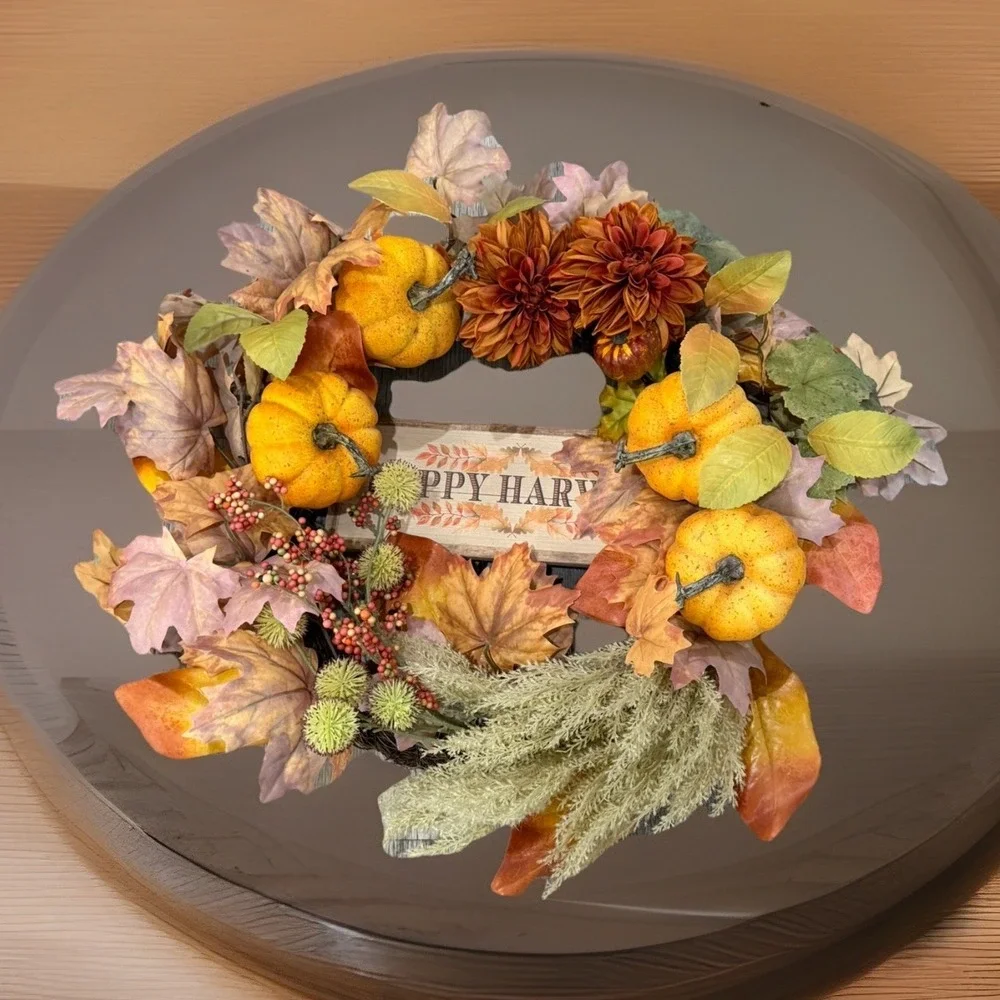 Happy Harvest Autumn Wreath With Pumpkins Dahlias & Maple Leaves Fall Front Door
